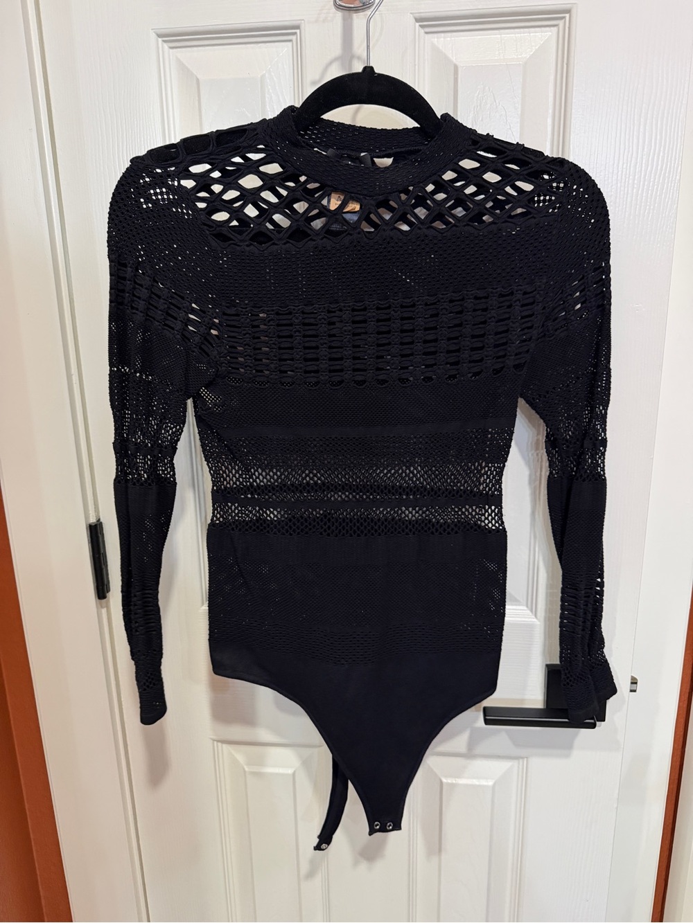 bebe Black Crochet Long-Sleeve Bodysuit